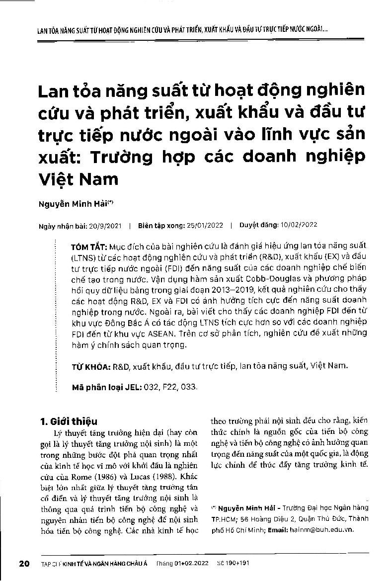 Lan tỏa năng suất từ hoạt động nghiên cứu và phát triển, xuất khẩu và đầu tư trực tiếp nước ngoài vào lĩnh vực sản xuất: Trường hợp các doanh nghiệp Việt Nam = Productivity Spillovers from Research and Development, Exports and Foreign Direct Investment in