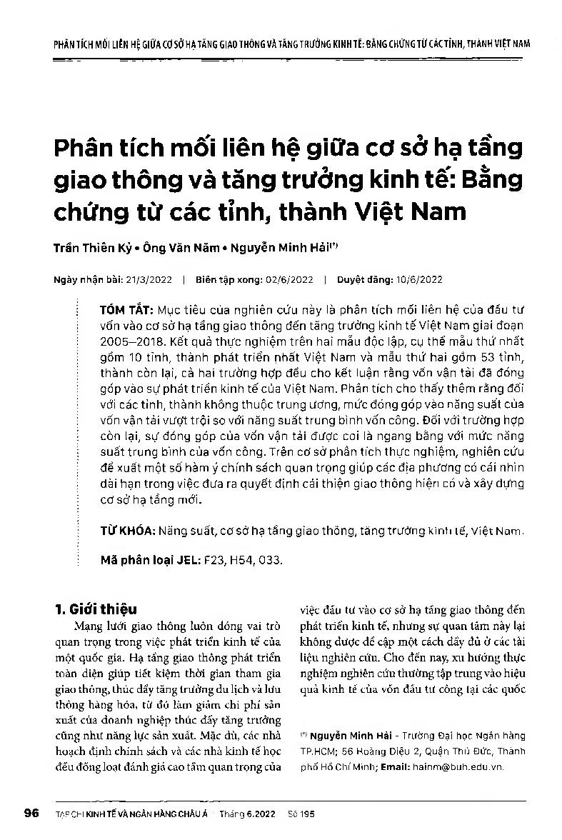 Phân tích mối liên hệ giữa cơ sở hạ tầng giao thông và tăng trưởng kinh tế: Bằng chứng từ các tỉnh, thành Việt Nam = Analysing the Link between Transport Infrastructure and Economic Growth: Empirical Evidence from Provinces, Cities in Vietnam