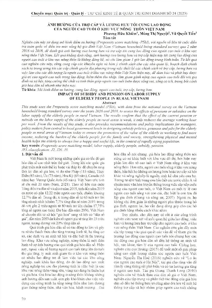 Ảnh hưởng của trợ cấp và lương hưu tới cung lao động của người cao tuổi ở khu vực nông thôn Việt Nam = Impact of subsidy and pension on labor supply of elderly people in rural Vietnam