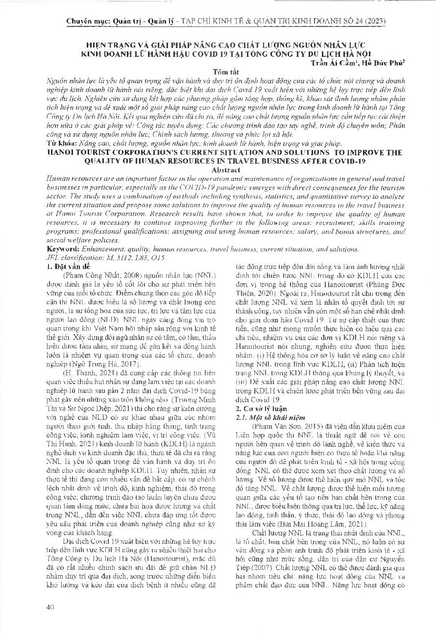 Hiện trạng và giải pháp nâng cao chất lượng nguồn nhân lực kinh doanh lữ hành hậu covid 19 tại Tổng công ty Du lịch Hà Nội = Hanoi tourist corporation's current situation and solutions to improve the quality of human resources in travel business after cov