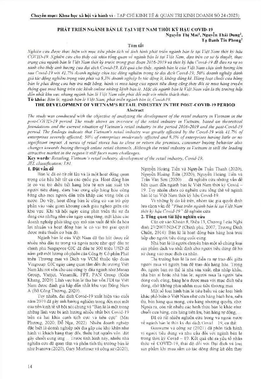 Phát triển ngành bán lẻ tại Việt Nam thời kỳ hậu covid-19 = The development of Vietnam's retail industry in the post-covid-19 period