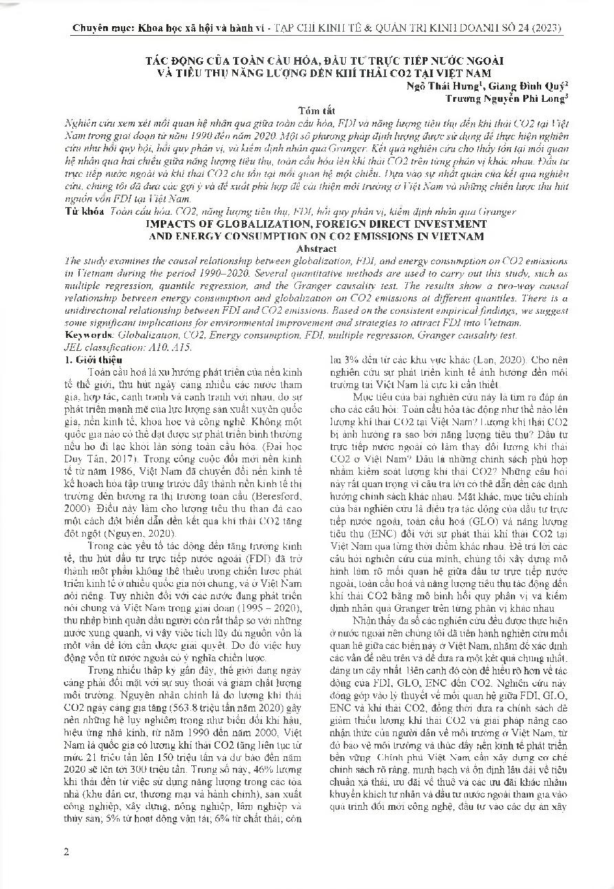 Tác động của toàn cầu hóa, đầu tư trực tiếp nước ngoài và tiêu thụ năng lượng đến khí thải CO2 tại Việt Nam = Impacts of globalization, foreign direct investment and energy consumption on CO2 emissions in Vietnam