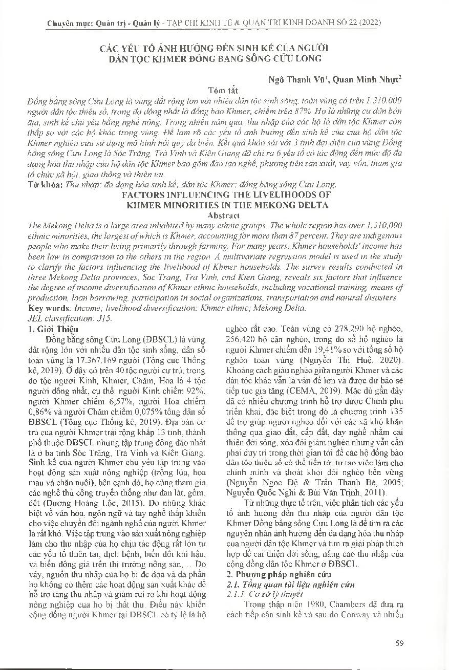 Các yếu tố ảnh hưởng đến sinh kế của người dân tộc Khmer Đồng bằng Sông Cửu Long = Factors influencing the livelihoods of khmer minorities in the Mekong Delta