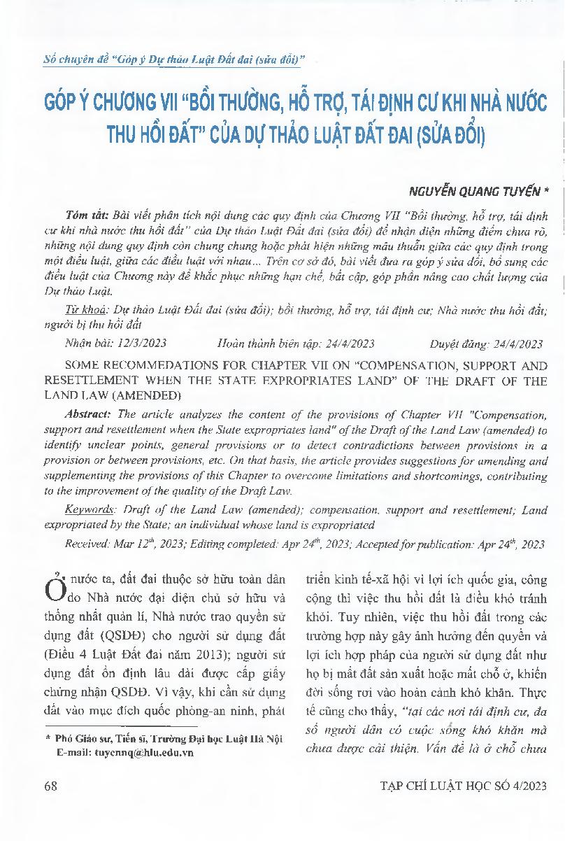 Góp ý Chương VII "Bồi thường, hỗ trợ, tái định cư khi Nhà nước thu hồi đất'' của Dự thảo Luật Đất đai (sửa đổi) = Some recommedations for Chapter VII on "Compensation, support and resettlement when the State expropriates land" of the Draft of the Land Law