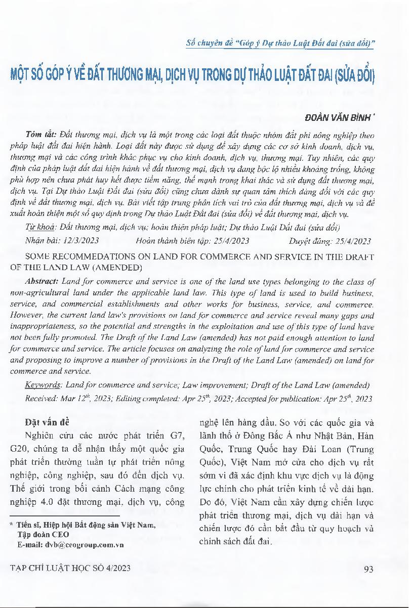 Một số góp ý về đất thương mại, dịch vụ trong Dự thảo Luật Đất đai (sửa đổi) = Some recommedations on land for commerce and service in the Draft of the Land law (amended)