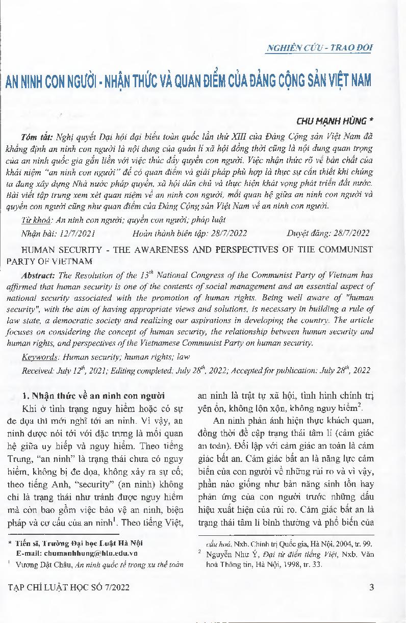 An ninh con người - Nhận thức và quan điểm của Đảng Cộng sản Việt Nam = Human security - The awareness and perspectives of the Communist Party of Vietnam