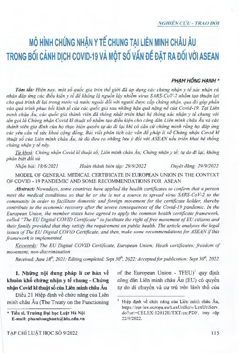 Mô hình chứng nhận y tế chung tại Liên minh châu Âu trong bối cảnh dịch COVID 19 và một số vấn đề đặt ra đối với ASEAN = Model of general medical certificate in European Union in the context of COVID -19 pandemic and some recommendations for ASEAN