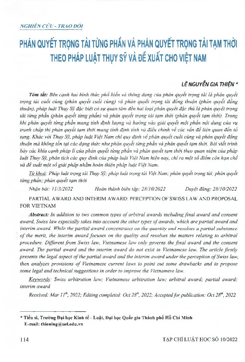 Phán quyết trọng tài từng phần và phán quyết trọng tài tạm thời theo pháp luật = Partial award and interim award: Perception of Swiss law and proposal for Vietnam