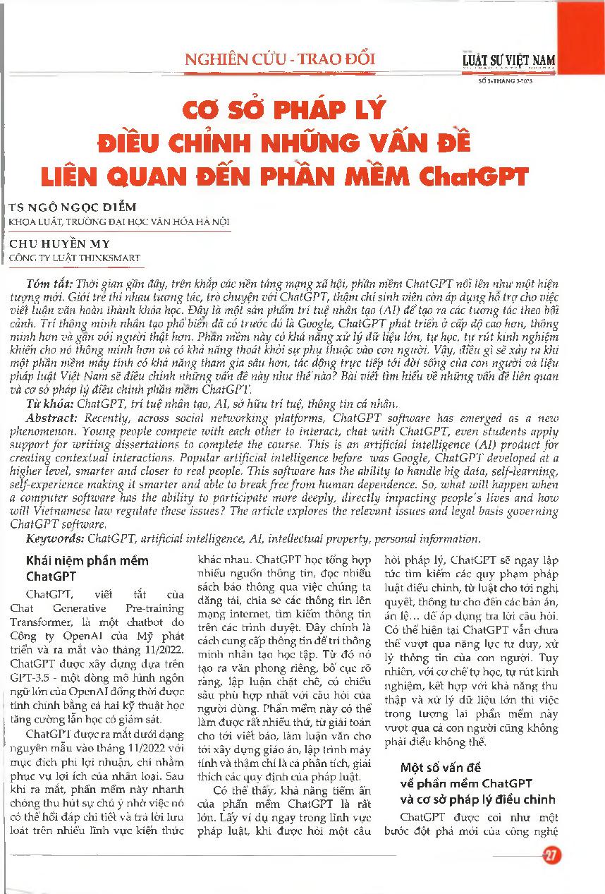Cơ sở pháp lý điều chỉnh những vấn đề liên quan đến phần mềm chatGPT = Legal basis governing issues related to ChatGPT software