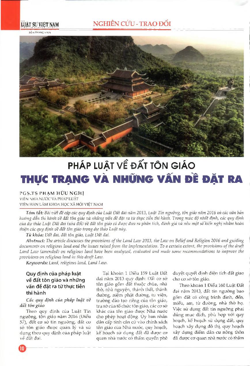 Pháp luật vê' đất tôn giáo, thực trạng và những vấn đê' đặt ra = The law on religious land, the reality and the issues raised