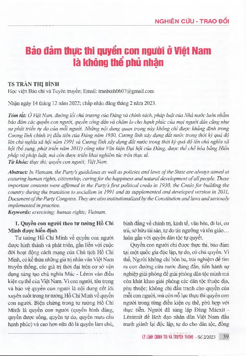 Bảo đảm thực thỉ quyền con người ở Việt Nam là không thể phủ nhận = Ensuring the implementation of human rights in Vietnam is undeniable
