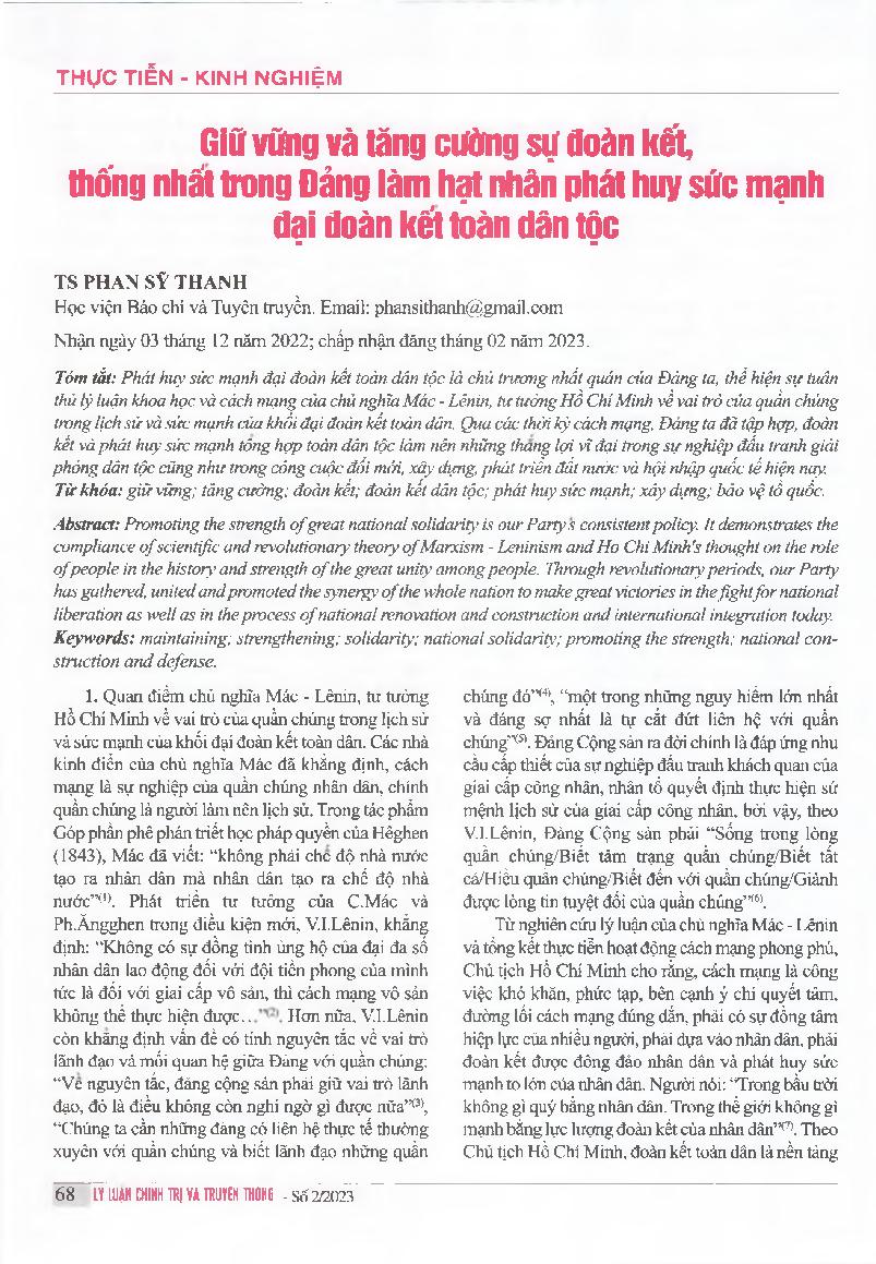 Gia vững và tăng cưòng sự đoàn kết thống nhất trong Đảng làm hạt nhân phát huy sức mạnh đại doàn kết toàn dân tộc = Maintaining and strengthening Party unity as the nucleus to promote the strength of national solidarity