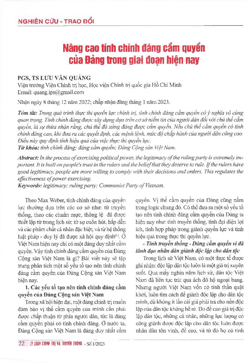 Nâng cao tính chính đáng cầm quyền của Đảng trong giai đoạn hiện nay = Improving the legitimacy of the ruling Party currently