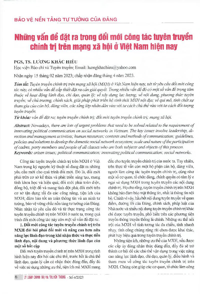 Nhũng vấn đề đặt ra trong đổi mới công tác tuyên truyền chính trị trên mạng xã hội ở Việt Nam hiện nay = Arisen issues in innovating political communication on social networks in Vietnam