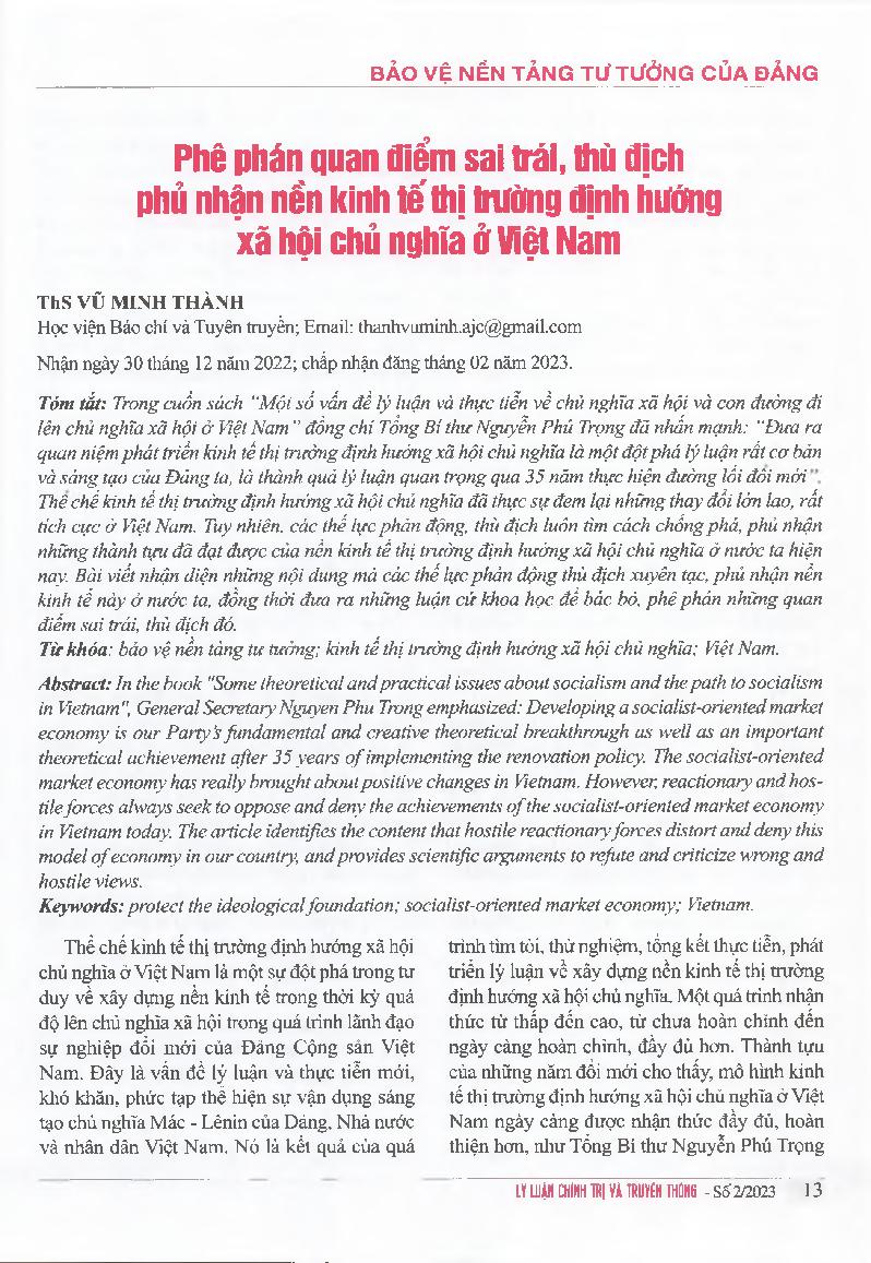 Phê phán quan điểm sai trái, thù địch phủ nhận nền kinh tê' thị trường định hướng xã hội chủ nghĩa ở Việt Nam = Critidzing wrong, hostile views that deny the socialist - oriented market economy in Vietnam