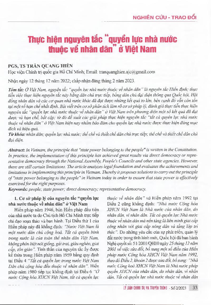 Thực hiện nguyên tắc "quyền lực nhà nước thuộc vê' nhân dân" ở Việt Nam = Implementing the principle of "state power belonging to the people" in Vietnam
