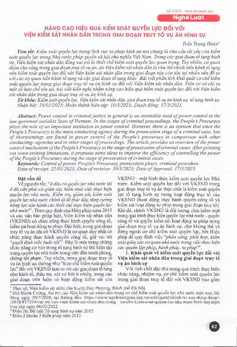 Nâng cao hiệu quả kiểm soát quyền lực đối với viện kiểm sát nhân dân trong giai đoạn truy tố vụ án hình sự = Improve the effectiveness of power control over the people's procuracies during the prosecution of criminal cases