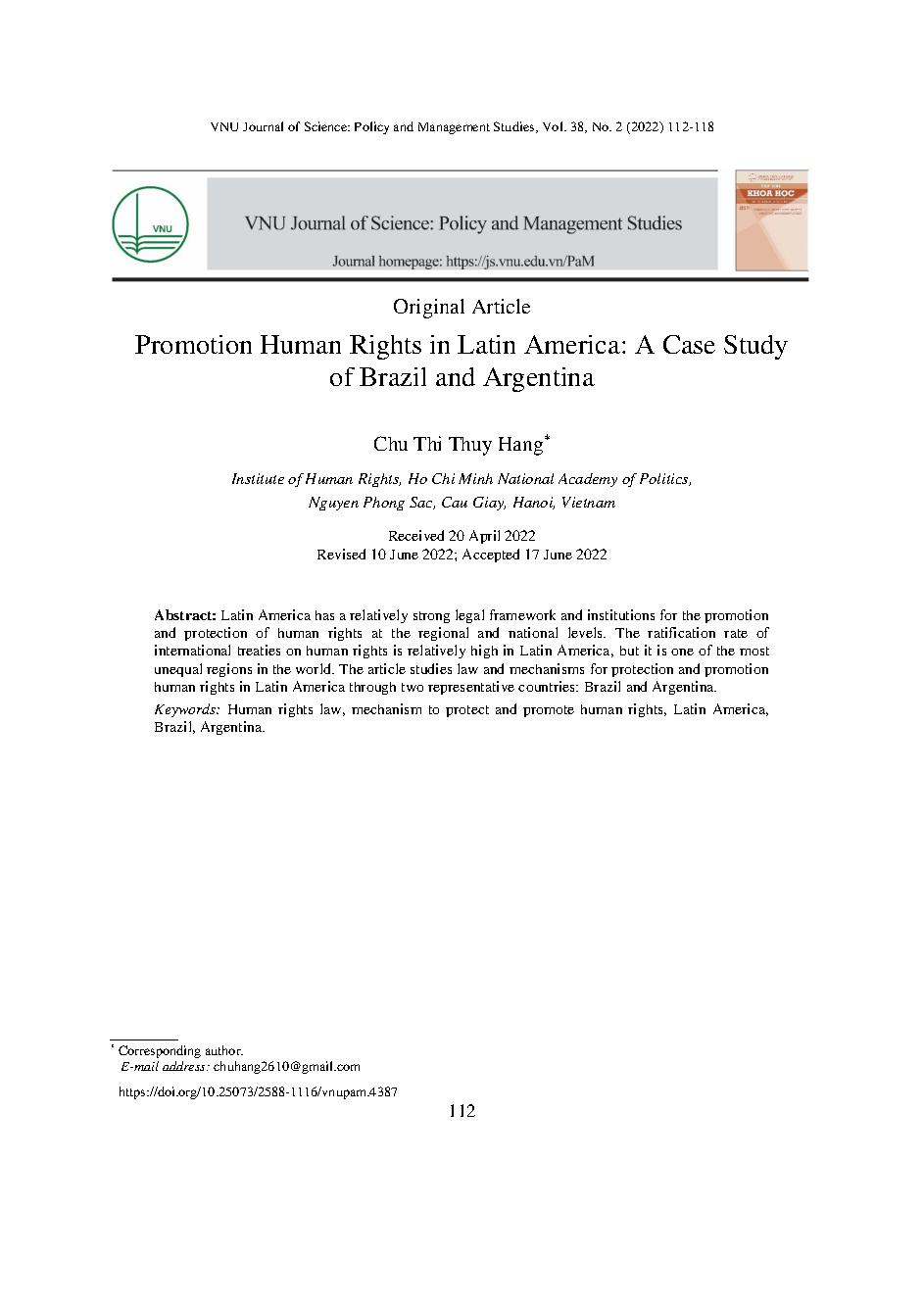 Pháp luật và cơ chế bảo vệ, thúc đẩy quyền con người ở Châu Mỹ La Tinh: trường hợp nghiên cứu Brazil và Argentina = Promotion Human Rights in Latin America: A Case Study of Brazil and Argentina