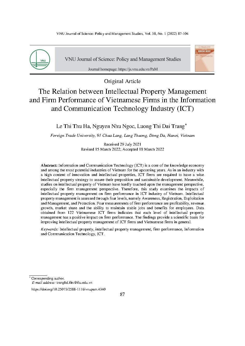 Tác động của quản trị sở hữu trí tuệ đến hiệu quả hoạt động của doanh nghiệp ngành Công nghệ Thông tin và Truyền thông (ICT) tại Việt Nam = The Relation between Intellectual Property Management and Firm Performance of Vietnamese Firms in the Information a