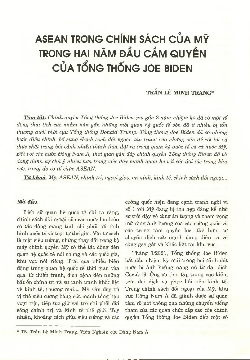ASEAN trong chính sách của Mỹ trong hai năm đầu 21 cầm quyền của Tổng thống Joe Biden = ASEAN in US’ Policy in the first two Years of President Joe Biden Administration