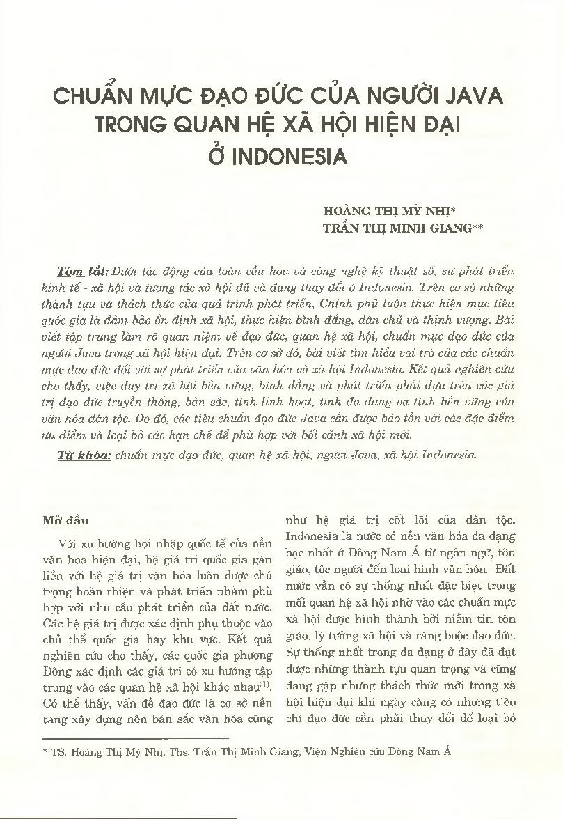 Chuẩn mực đạo đức của người Java trong quan hệ xã hội hiện đại ở Indonesia = Javanese Moral Standards in Social Interaction of Modern Indonesia