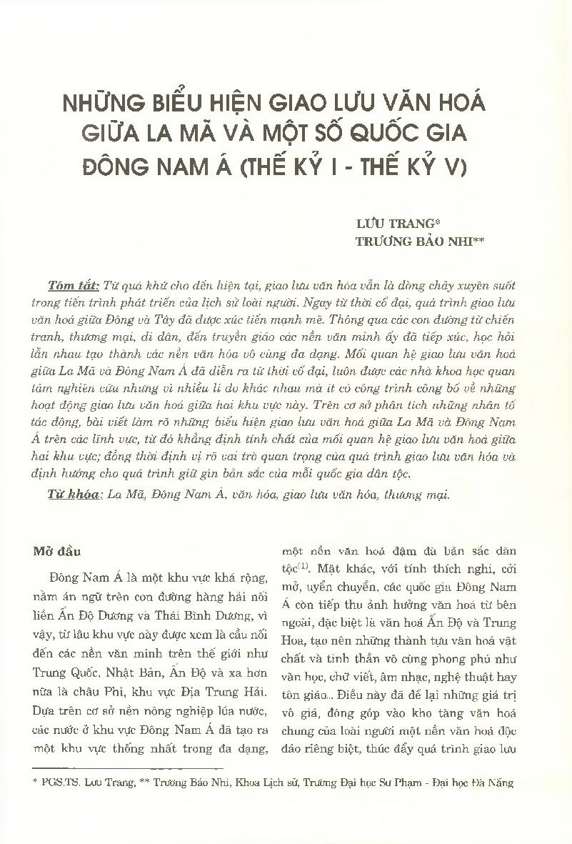 Những biểu hiện giao lưu văn hóa giữa La Mã và một số quốc gia Đông Nam Á (thế kỷ I - thế kỷ V) = Manifestations of Cultural Exchanges Between Rome and some Southeast Asian Countries (1-5 C.E)