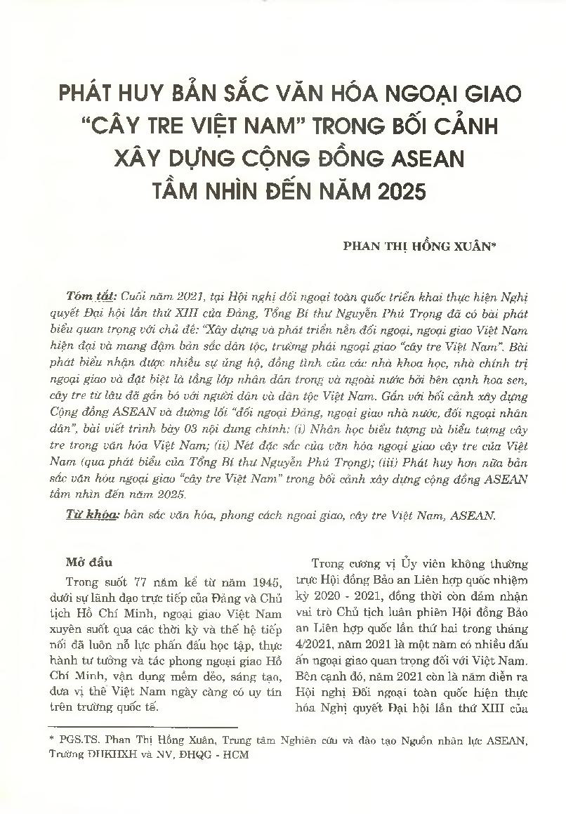 Phát huy bản sắc văn hóa ngoại giao “cây tre Việt Nam” trong bối cảnh xây dựng cộng đồng ASEAN tầm nhìn đến năm 2025 = Promoting the Cultural Identity “Vietnam Bamboo Tree’s Diplomacy” in the Context of ASEAN Community Vision 2025