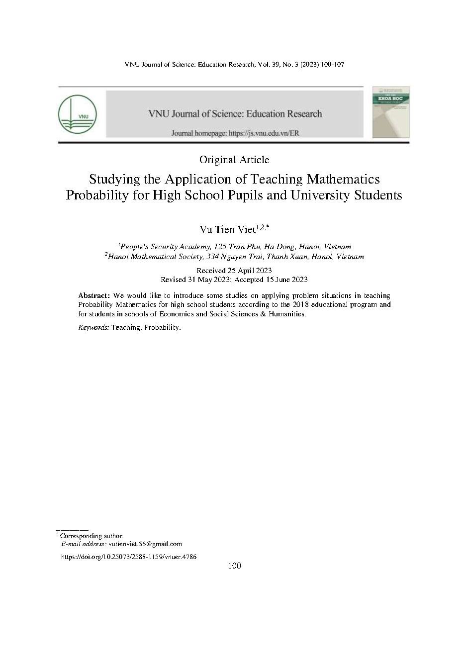 Nghiên cứu ứng dụng giảng dạy Toán Xác suất cho học sinh phổ thông và sinh viên = Studying the Application of Teaching Mathematics Probability for High School Pupils and University Students