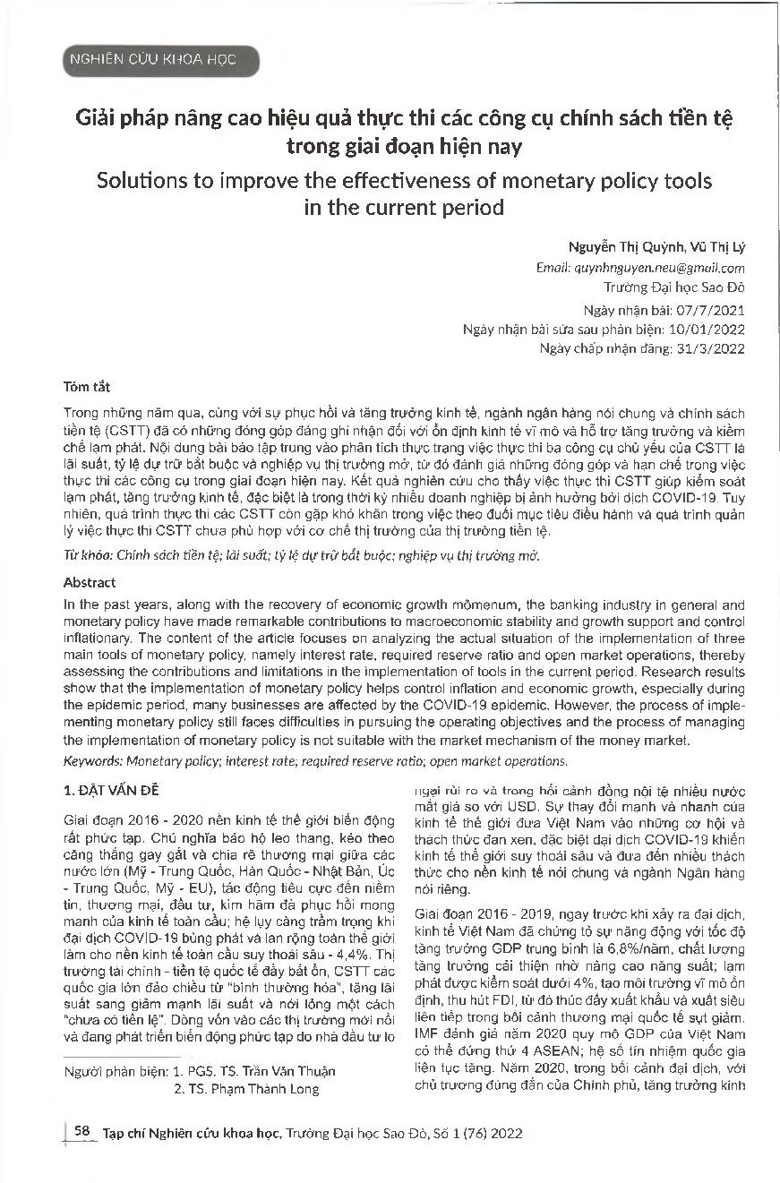 Giải pháp nâng cao hiệu quả thực thi các công cụ chính sách tiền tệ trong giai đoạn hiện nay = Solutions to improve the effectiveness of monetary policy tools in the current period