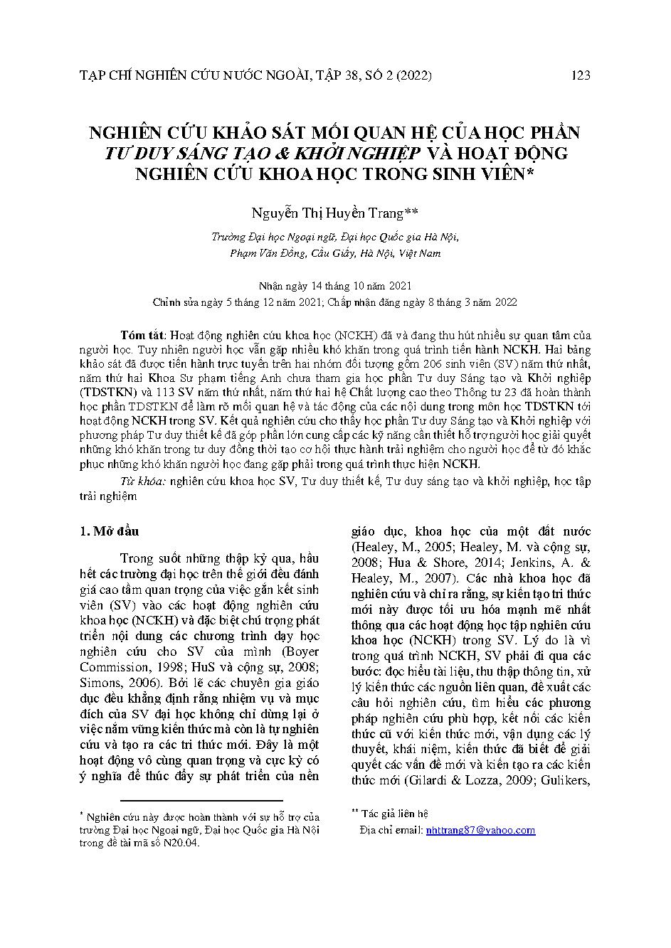 Nghiên cứu khảo sát mối quan hệ của học phần tư duy sáng tạo & khởi nghiệp và hoạt động nghiên cứu khoa học trong sinh viên