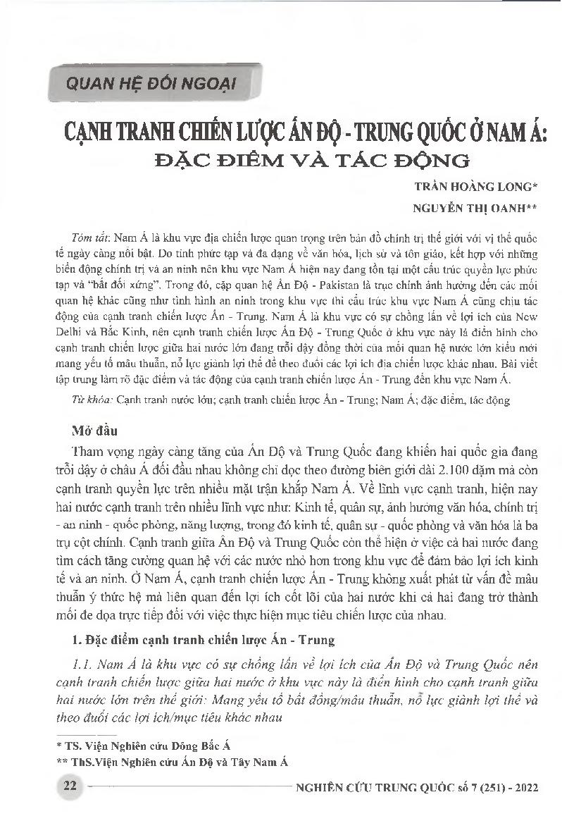 Cạnh tranh chiến lược Ấn Độ - Trung Quốc ở Nam Á: Đặc điểm và tác động