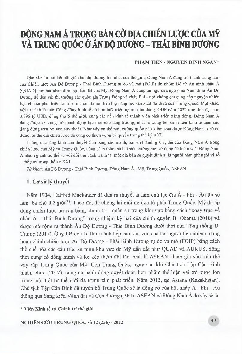 Đông Nam Á trong bàn cờ địa chiến lược của Mỹ và Trung Quốc ở Ấn Độ Dương - Thái Bình Dương = Southeast Asia in the US and China's geostrategic chessboard in the Indo­ Pacific Ocean