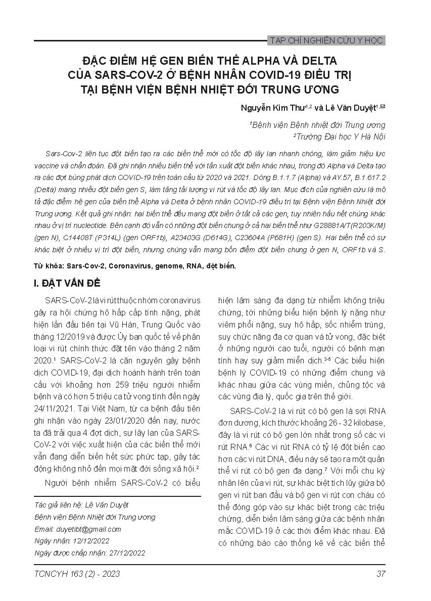 Đặc điểm hệ gen biến thể alpha và delta của SARS-CoV-2 ở bệnh nhân Covid-19 điều trị tại Bệnh viện Bệnh Nhiệt đới Trung ương