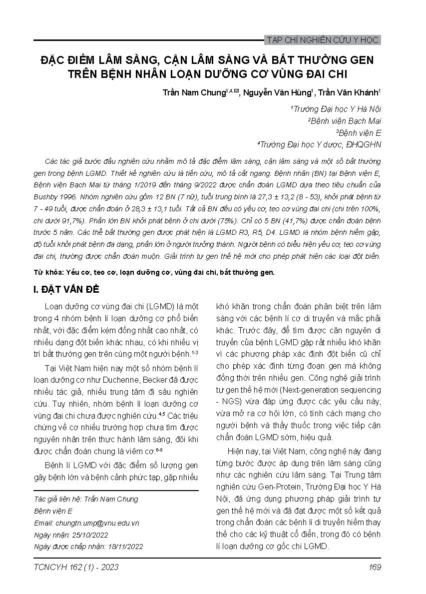 Đặc điểm lâm sàng, cận lâm sàng và bất thường gen trên bệnh nhân loạn dưỡng cơ vùng đai chi