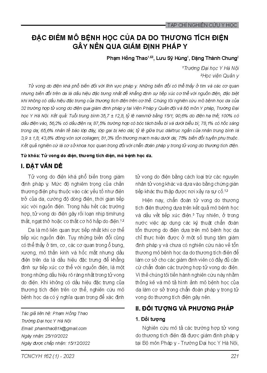 Đặc điểm mô bệnh học của da do thương tích điện gây nên qua giám định pháp y