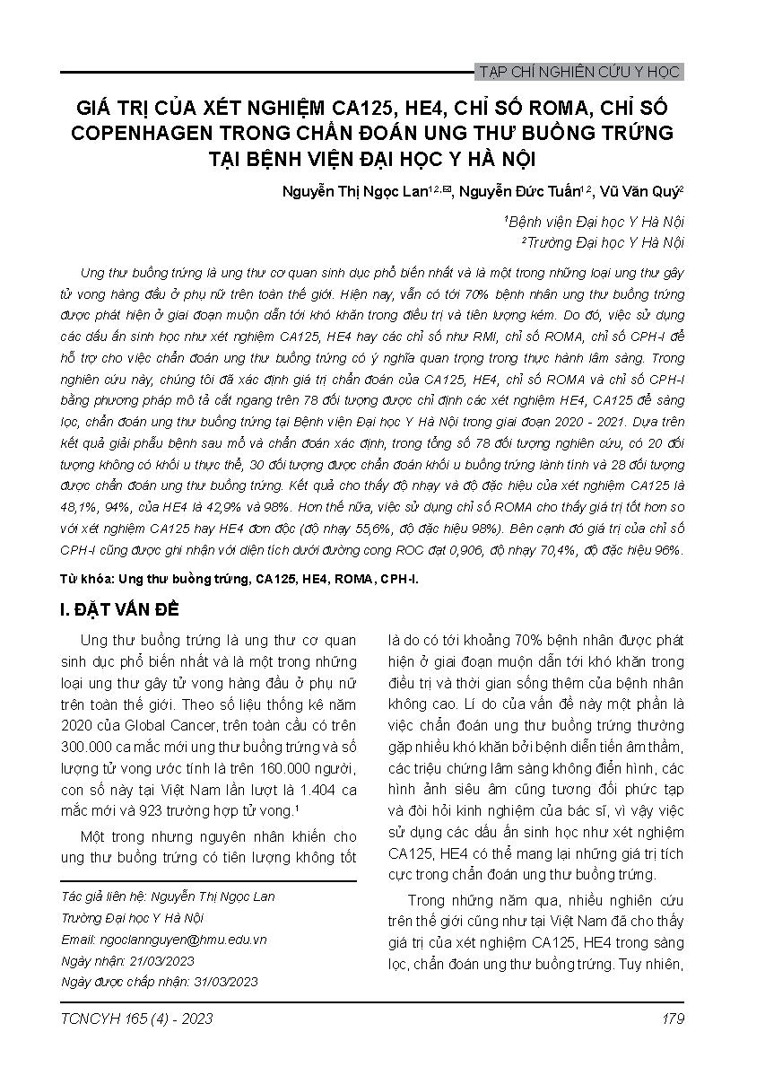 Giá trị của xét nghiệm CA125, HE4, chỉ số ROMA, chỉ số Copenhagen trong chẩn đoán ung thư buồng trứng tại Bệnh viện Đại học Y Hà Nội