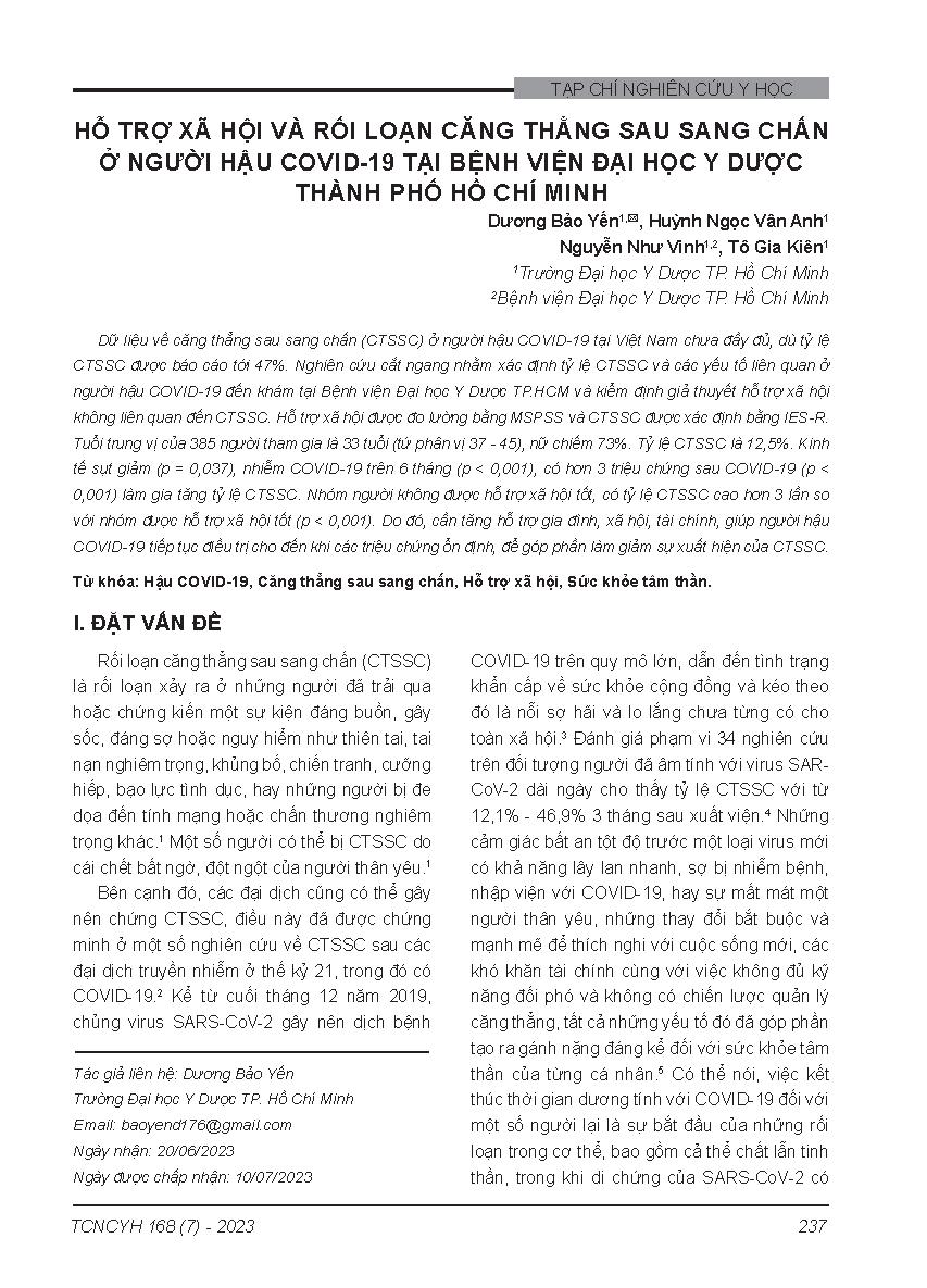 Hỗ trợ xã hội và rối loạn căng thẳng sau sang chấn ở người hậu Covid-19 tại Bệnh viện Đại học Y dược thành phố Hồ Chí Minh = Social supports and post-traumatic stress disorder in people with post-Covid-19 conditions visiting the university medical center,