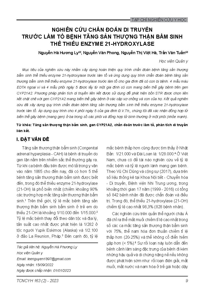Nghiên cứu chẩn đoán di truyền trước làm tổ bệnh tăng sản thượng thận bẩm sinh thể thiếu enzym 21-hydroxylase