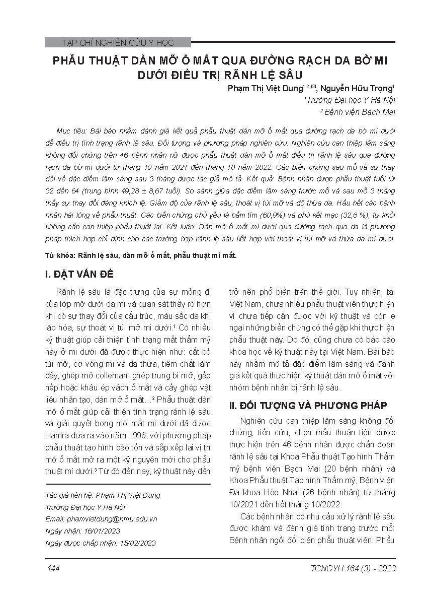Phẫu thuật dàn mỡ ổ mắt qua đường rạch da bờ mi dưới điều trị rãnh lệ sâu