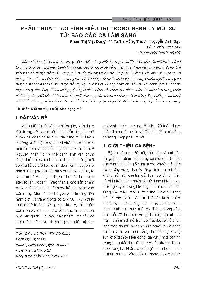Phẫu thuật tạo hình điều trị trong bệnh lý mũi sư tử: Báo cáo ca lâm sàng