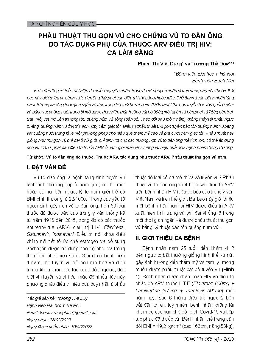 Phẫu thuật thu gọn vú cho chứng vú to đàn ông do tác dụng phụ của thuốc ARV điều trị HIV: Ca lâm sàng