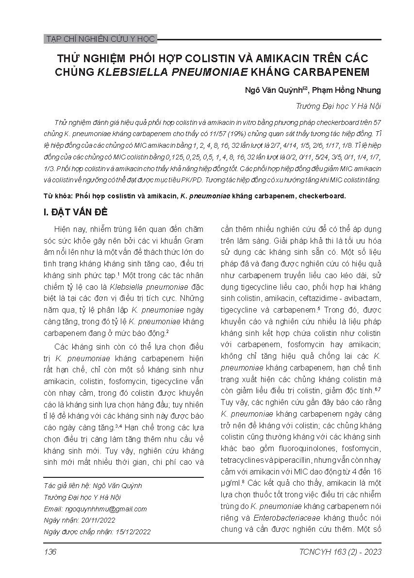 Thử nghiệm phối hợp Colistin và Amikacin trên các chủng Klebsiella pneumoniae kháng Carbapenem = The efficacy of colistin combined with amikacin on carbapenem resistant klebsiella pneumoniae isolates