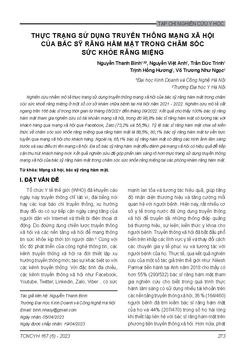 Thực trạng sử dụng truyền thông mạng xã hội của bác sỹ răng hàm mặt trong chăm sóc sức khỏe răng miệng