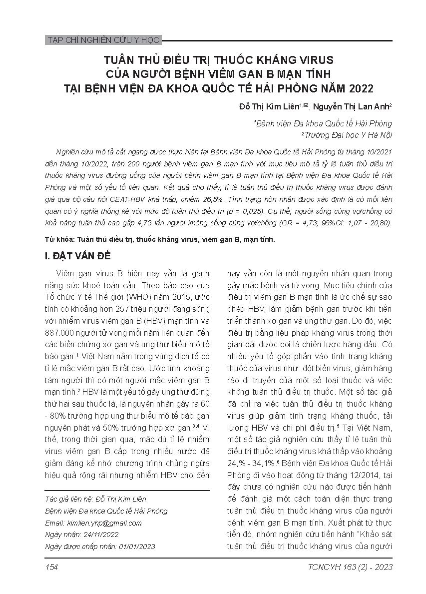 Tuân thủ điều trị thuốc kháng virus của người bệnh viêm gan B mạn tính tại Bệnh viện Đa khoa quốc tế Hải Phòng năm 2022 = Adherence to antiviral drug in patients with chronic hepatitis b at haiphong international hospital