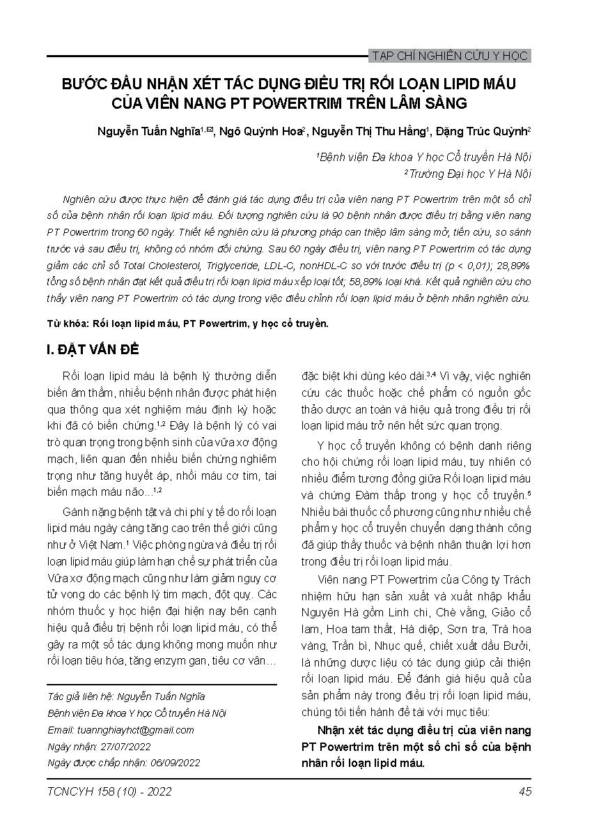 Bước đầu nhận xét tác dụng điều trị rối loạn lipid máu của viên nang PT power trim trên lâm sàng