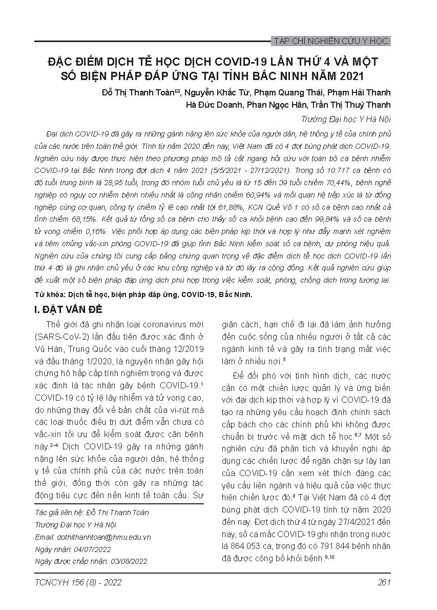 Đặc điểm dịch tễ học dịch Covid-19 lần thứ 4 và một số biện pháp đáp ứng tại tỉnh Bắc Ninh năm 2021 = Epidemiological characteristics of Covid-19 the 4th time and some response measures in Bac Ninh province 2021