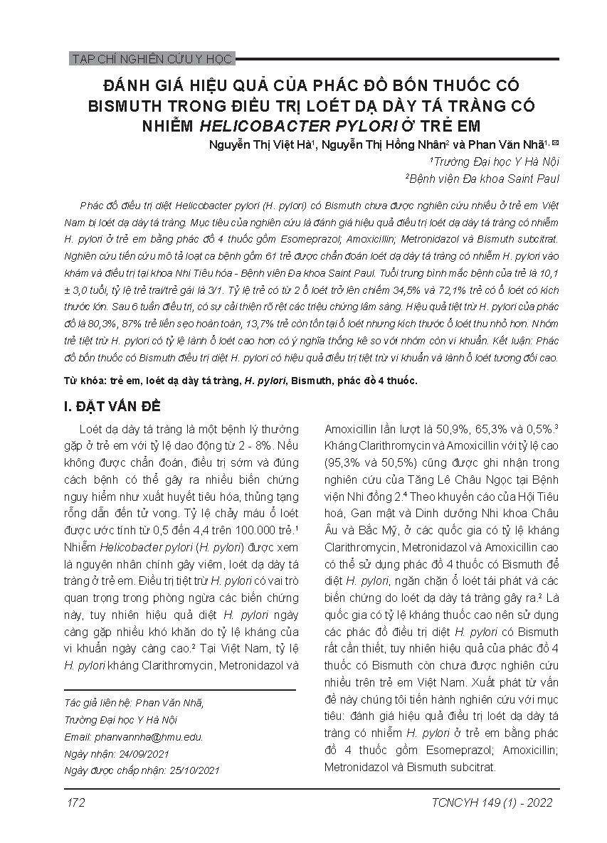 Đánh giá hiệu quả của phác đồ bốn thuốc có Bismuth trong điều trị loét dạ dày tá tràng có nhiễm Helicobacter pylori ở trẻ em = Evaluation of quadruple therapy regimen with bismuth for eradication of helicobacter pylori - induced gastroduodenal ulcers in c