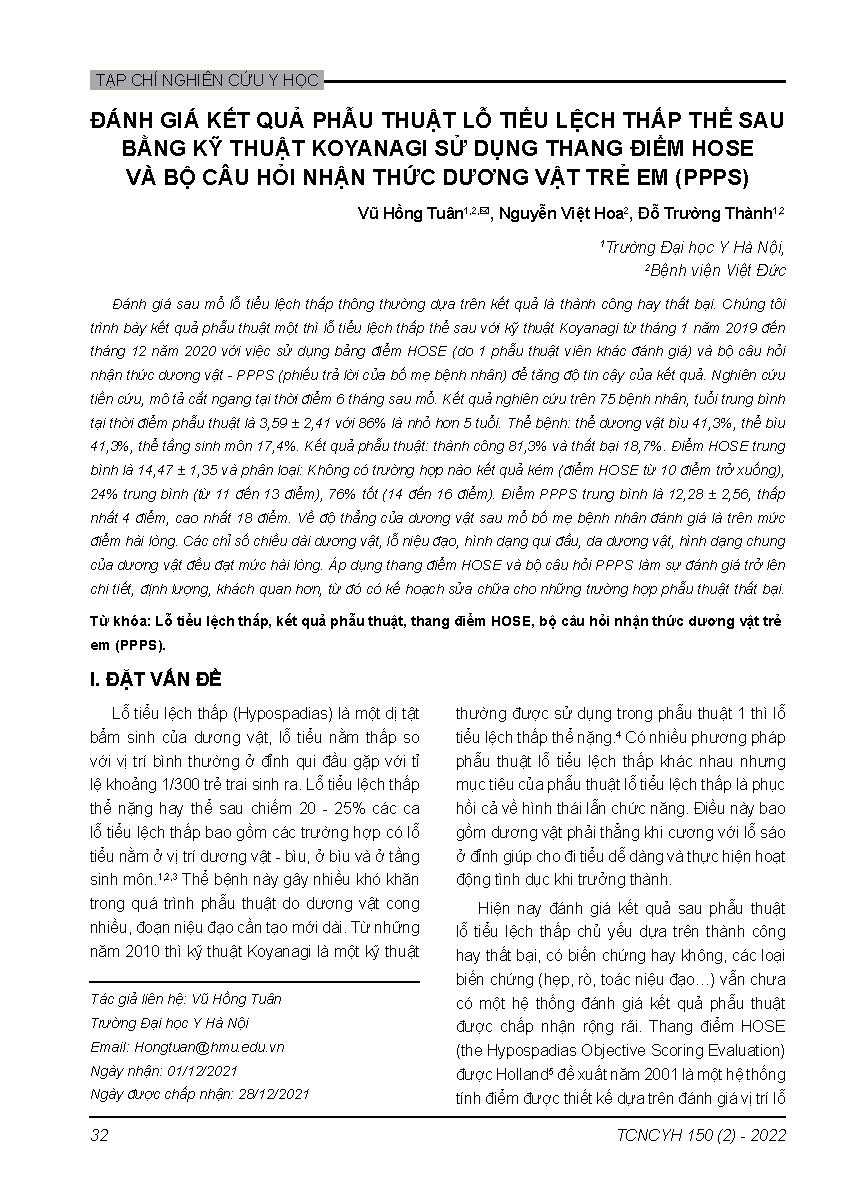 Đánh giá kết quả phẫu thuật lỗ tiểu lệch thấp thể sau bằng kỹ thuật Koyanagi sử dụng thang điểm HOSE và bộ câu hỏi nhận thức dương vật trẻ em (PPPS)