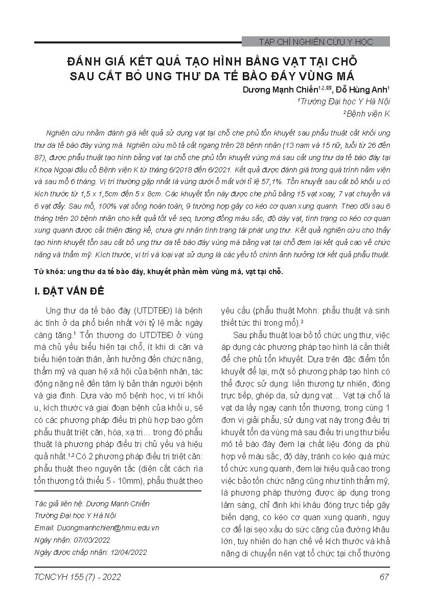 Đánh giá kết quả tạo hình bằng vạt tại chỗ sau cắt bỏ ung thư da tế bào đáy vùng má = Assessment of the outcome of reconstruction by local flap after surgery for basal cell carcinoma in the cheek area