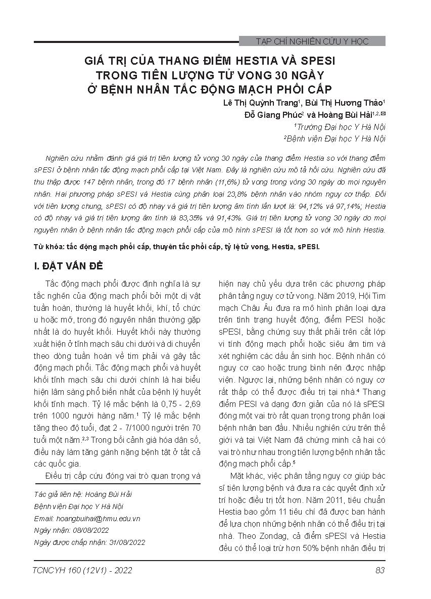 Giá trị của thang điểm Hestia và sPESI trong tiên lượng tử vong 30 ngày ở bệnh nhân tắc động mạch phổi cấp = Value of Hestia and sPESI scores in prognosis of 30-day mortality in patients with acute pulmonary embolism